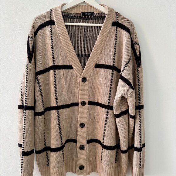 Beige & Black Plaid Knit Cardigan - Oversized Unisex Korean Fashion - Picture 2 of 4
